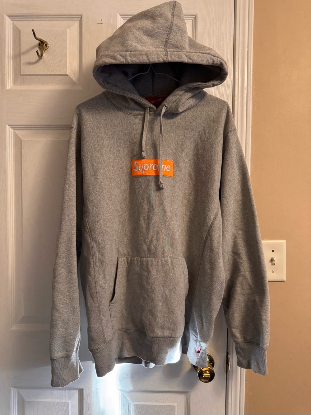 Supreme Gray Pullover Hoodie with Orange Box Logo